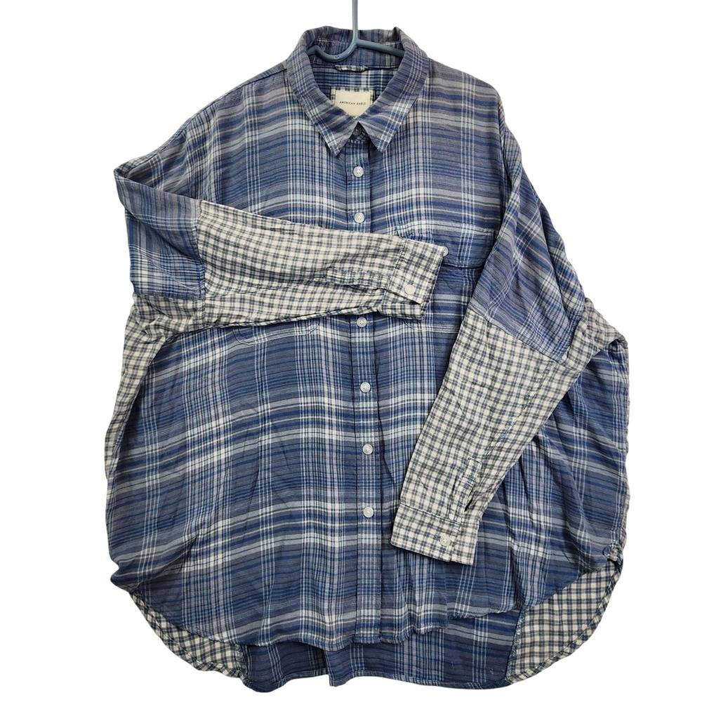 American Eagle Womens Medium Blue Plaid Flannel‎ Mixed Pattern Oversized Grunge